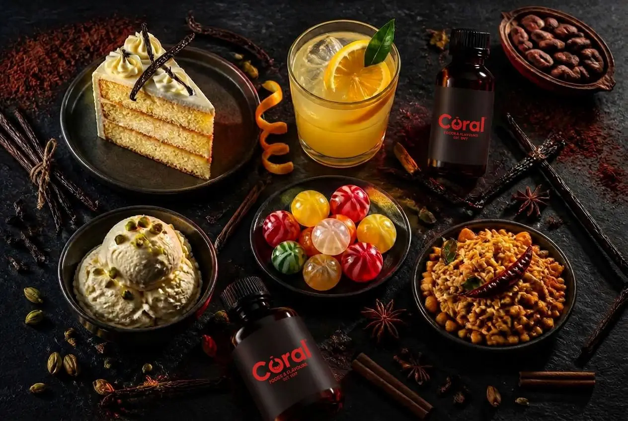 Baking, beverage, confectionery, dairy dessert and savoury products with Coral flavour bottles